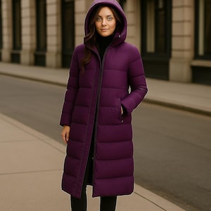 Purple Puffer Coat with Hood: Long Quilted Winter Parka