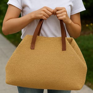 Bolso de playa de verano de cuero y rafia: bolso de hombro de paja de crochet