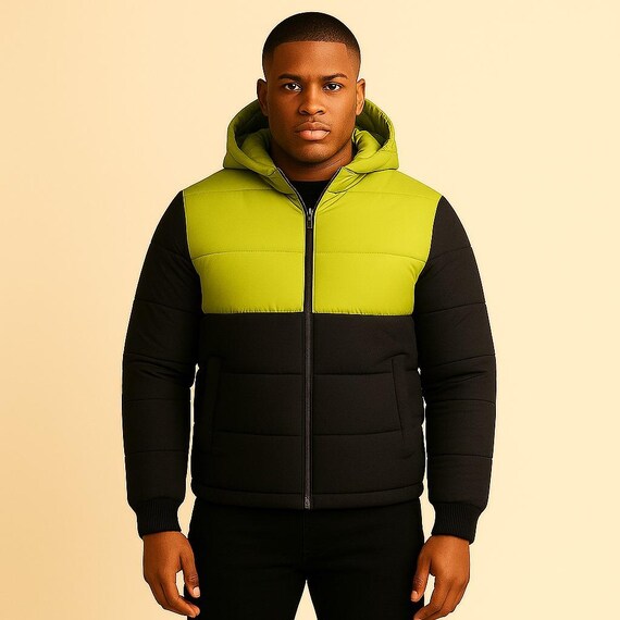 Men's Puffer Jacket With Hoodie Stylish Green and Black Winter