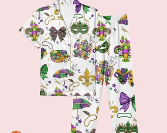 Mardi Gras Celebration Satin Satin Pajamas, Mardi Gras Shirt, Mardi Gras Family Pajamas
