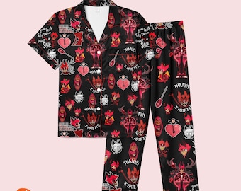 Haz.bin Ho.tel Satin Pajamas, Alastor the Radio Demon, Angel Dust Christmas Pajamas, Alastor Pajamas, Alastor Hazbin Christmas Pajamas