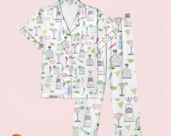 All of Cocktail Styles Tequila, Margarita, Fiesta White Satin Pajamas, Margarita Trendy Pajamas for Her, Alcohol Friend Gift, Girls Outfit