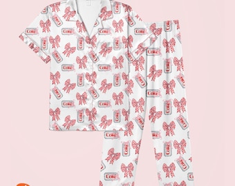 Diet Coke Pajamas Satin, Matching Holiday Sleepwear For Women, Diet Coke Lover Gift, Dr Pepper Satin Pajamas, Coquette Diet Pepper Sleepwear