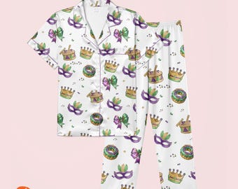 Mardi Gras Festive Satin Pajamas, Mardi Gras Shirt, Mardi Gras Family Pajamas, King Cake Lobster Mardi Gras