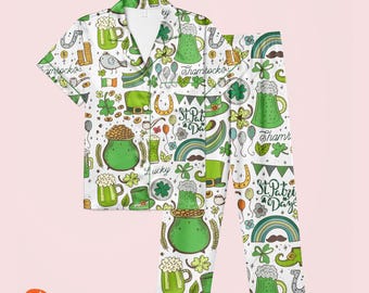 St. Patrick's Day Doodle Satin Pajamas, Patrick Day Shirt, Saint Patrick Family Pajamas