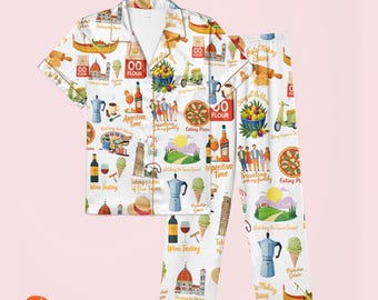 Italy Vacation "Ciao Bella" Satin Pajamas, Italy Travel Satin Pajama Set For Women, Italian Food Print Pajamas Long Sleeves Or Short Sleeves