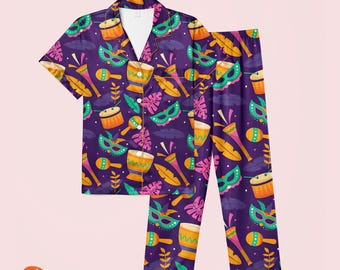 Mardi Gras Carnival Spirit Satin Pajamas, Mardi Gras Shirt, Mardi Gras Family Pajamas
