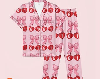 Cute Valentine’s Matching Set, Romantic Lovers Loungewear, Pink Sweet Sleepwear, Pink Heart “67” Couple Satin Pajamas, Cute Six Seven Shirt