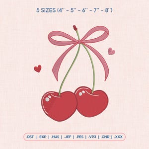Puede incluir: Diseño bordado con dos cerezas rojas con un lazo rosa y dos pequeños corazones. El texto "5 TAMAÑOS (10cm - 20cm)" está en la parte superior. El diseño está disponible en múltiples formatos de archivo.