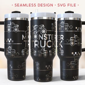 May include: Black travel mugs with a white lid and handle, featuring a silver monster truck design. The words "MONSTER TRUCK" are displayed on the center mug. The design includes a seamless pattern of monster trucks and checkered flags.