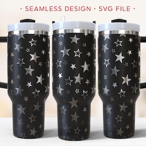 May include: Three black travel mugs with silver star patterns. Each mug has a black handle, a white lid, and a silver rim. The text at the top reads "SEAMLESS DESIGN • SVG FILE".
