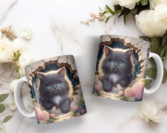 15oz. Black Kitten in the Wall with Flowers Coffee Mug