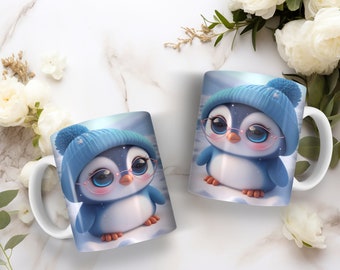 15oz. Blue Penguin with Pink Glasses Coffee Mug