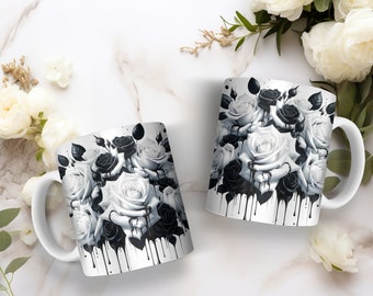 15oz. Black and White Dripping Roses Coffee Mug