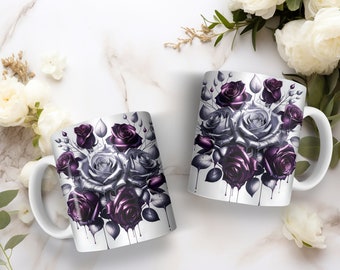 15oz. Purple and Silver Dripping Roses Coffee Mug