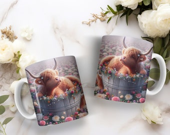 15oz. Highland Calf in a Bucket with Flowers Coffee Mug