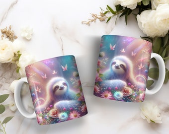 15oz. Whimsical Sloth with Flowers and Butterflies Coffee Mug