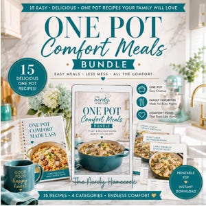 Può includere: Un pacchetto digitale intitolato One Pot Comfort Meals con 15 ricette. L'immagine mostra un tablet con una pentola color verde acqua, un ricettario a spirale, schede di ricette e una tazza verde acqua con il testo Good Food happy heart in oro.