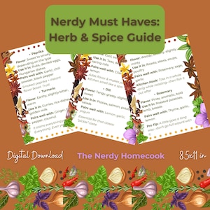 Puede incluir: Una descarga digital de una guía de hierbas y especias, titulada "Nerdy Must Haves". La guía presenta información detallada sobre pimentón, cúrcuma, eneldo y romero, incluyendo perfiles de sabor, usos y sugerencias de maridaje. El diseño incluye ilustraciones florales y de hierbas.