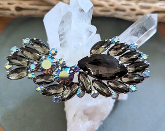 Vintage Silvertone Brooch: Smoky Purple & AB Rhinestone Carne Jewelry