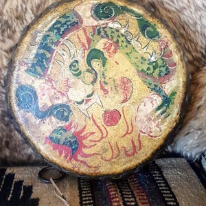 Antique Chinese Tom Tom Drum: Hand-Painted Dragon & Rooster, 1920s-40s