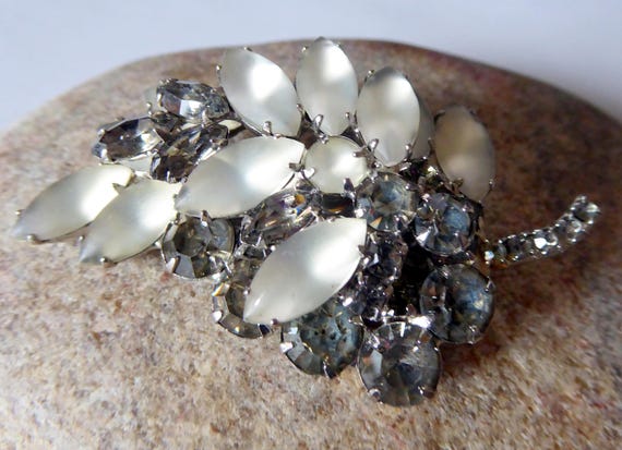 Rhinestone Leaf Brooch Silver and Gray  Rhineston… - image 1