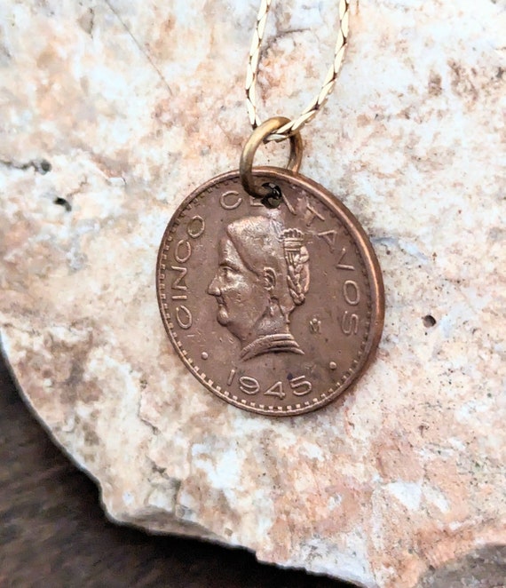 Vintage Cinco Centavo Coin Pendant Necklace, Mexic