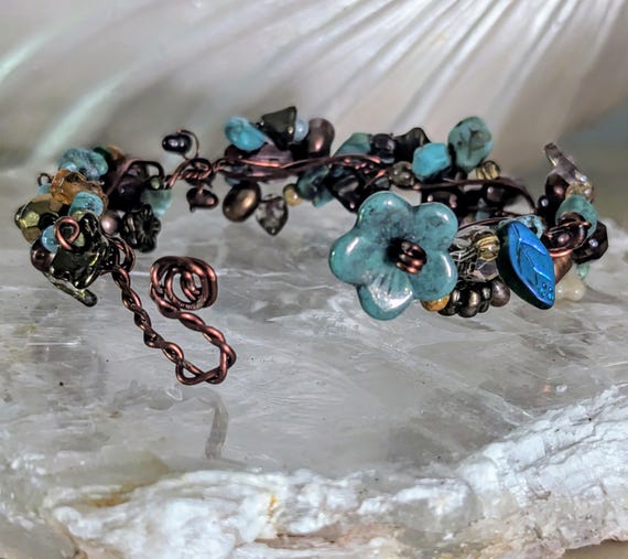 Pearl & Turquoise Copper Wire Woven Bracelet: Natural Stone,