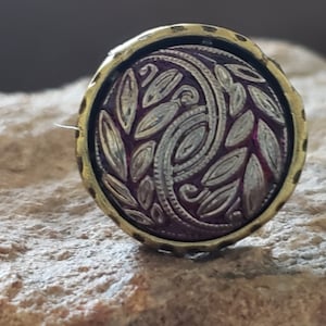 Vintage Czech Glass Button Ring: Bronze Leaf Adjustable Ring