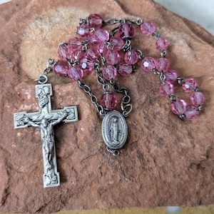 Vintage Sterling Rosary Pink Beads Religious Prayer Beads
