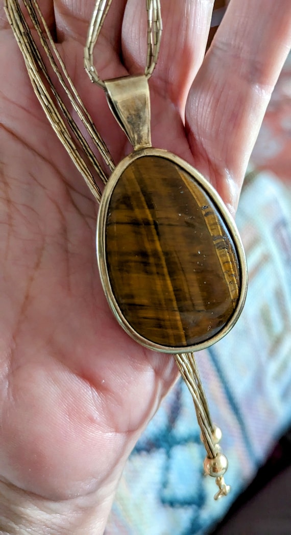 Golden Tiger Eye Pendant Necklace Vintage  Sterlin