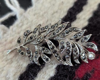 Feather Black Rhinestone Brooch Vintage Jewelry