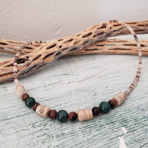 Fossil Coral Bead Necklace: Handcrafted Heishi Shell & Agate, 18 inch