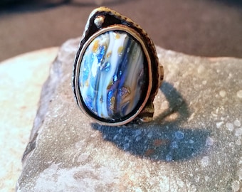 Ocean Sparkly Glass Ring, Handcrafted, Wabi Sabi , Antique Bronze Ring