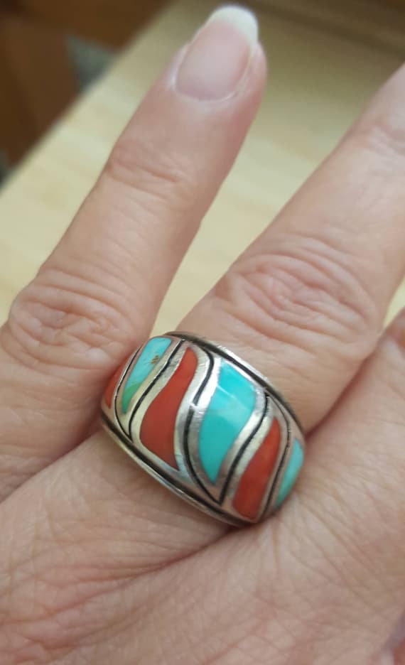 Vintage Southwestern Sterling Silver Coral Turquoise Dome Ring - Size 6.75