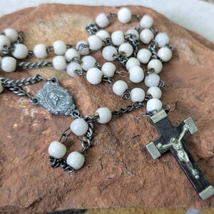 Vintage French Rosary White Glass Beads Religious Prayer Beads