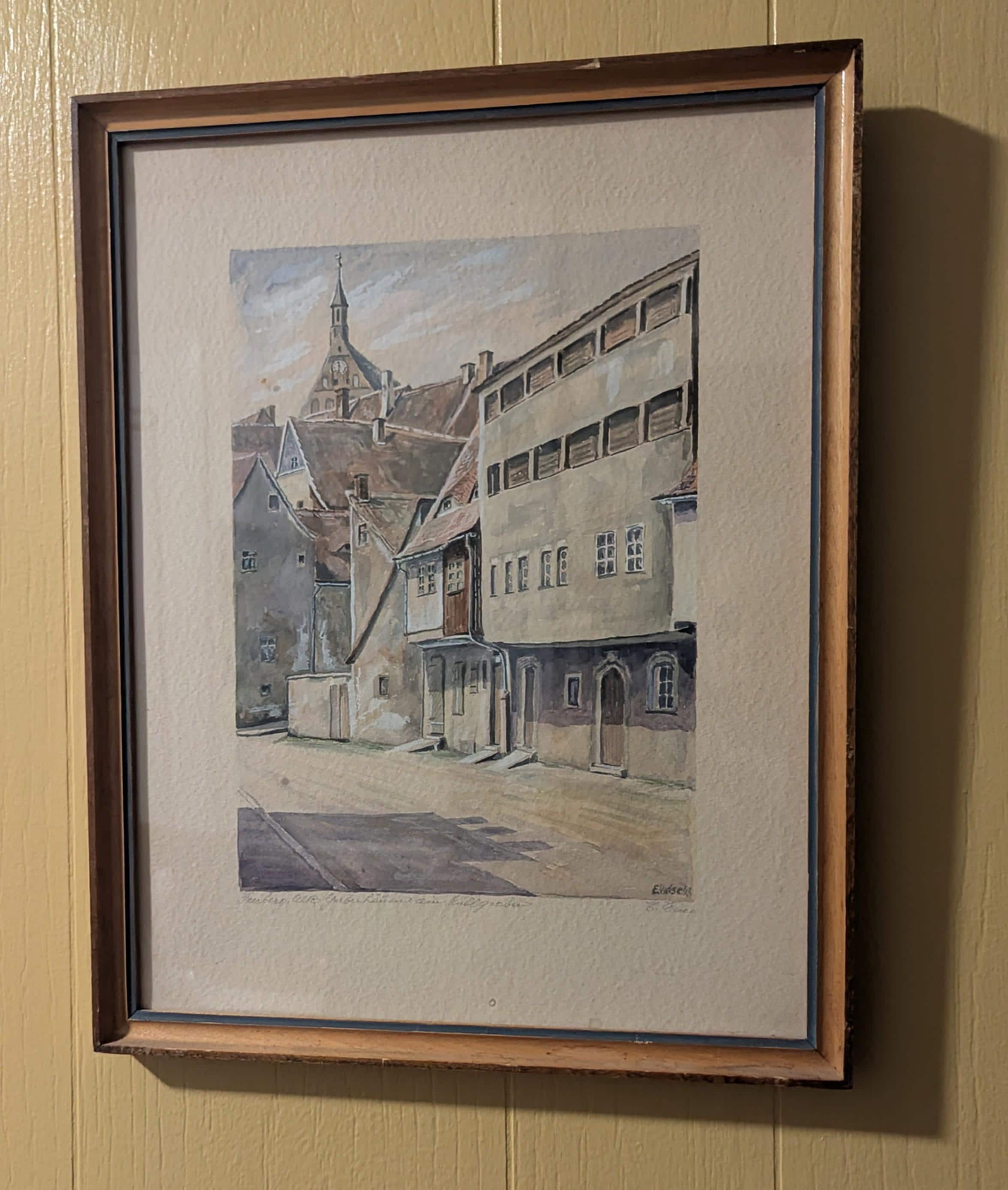Framed Watercolor: Freiberg, Saxony Germany Street Scene, Signed E. Wesc