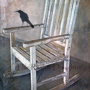 May include: A weathered white rocking chair with a bird silhouette on the armrest. The chair is on a wooden floor with the text "The River's Daughter" visible in the foreground.