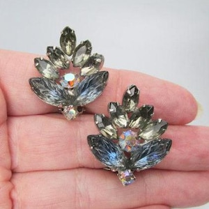 Vintage Rhinestone Clip Earrings: Blue Gray Leaf Design