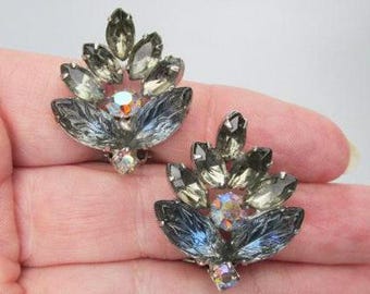 Vintage Rhinestone Clip Earrings: Blue Gray Leaf Design
