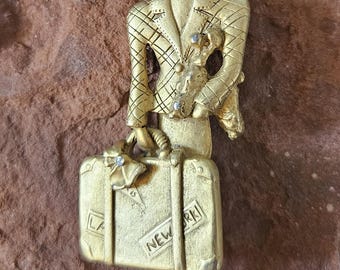 Vintage Brooch Traveling Woman in Hat with Suitcase and Dog