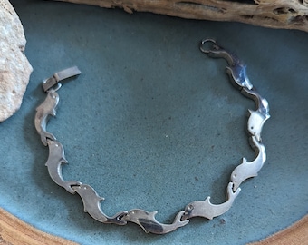 Sterling Silver Dolphin Link Bracelet - Vintage Boho Beach Jewelry