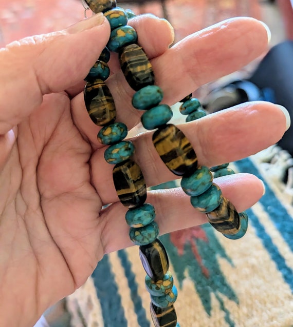 Turquoise and Golden Tiger Eye Bead Necklace Vint… - image 4