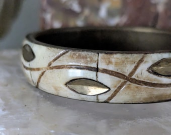 Vintage Bone & Brass Bangle Bracelet: 1970s Boho India Cuff