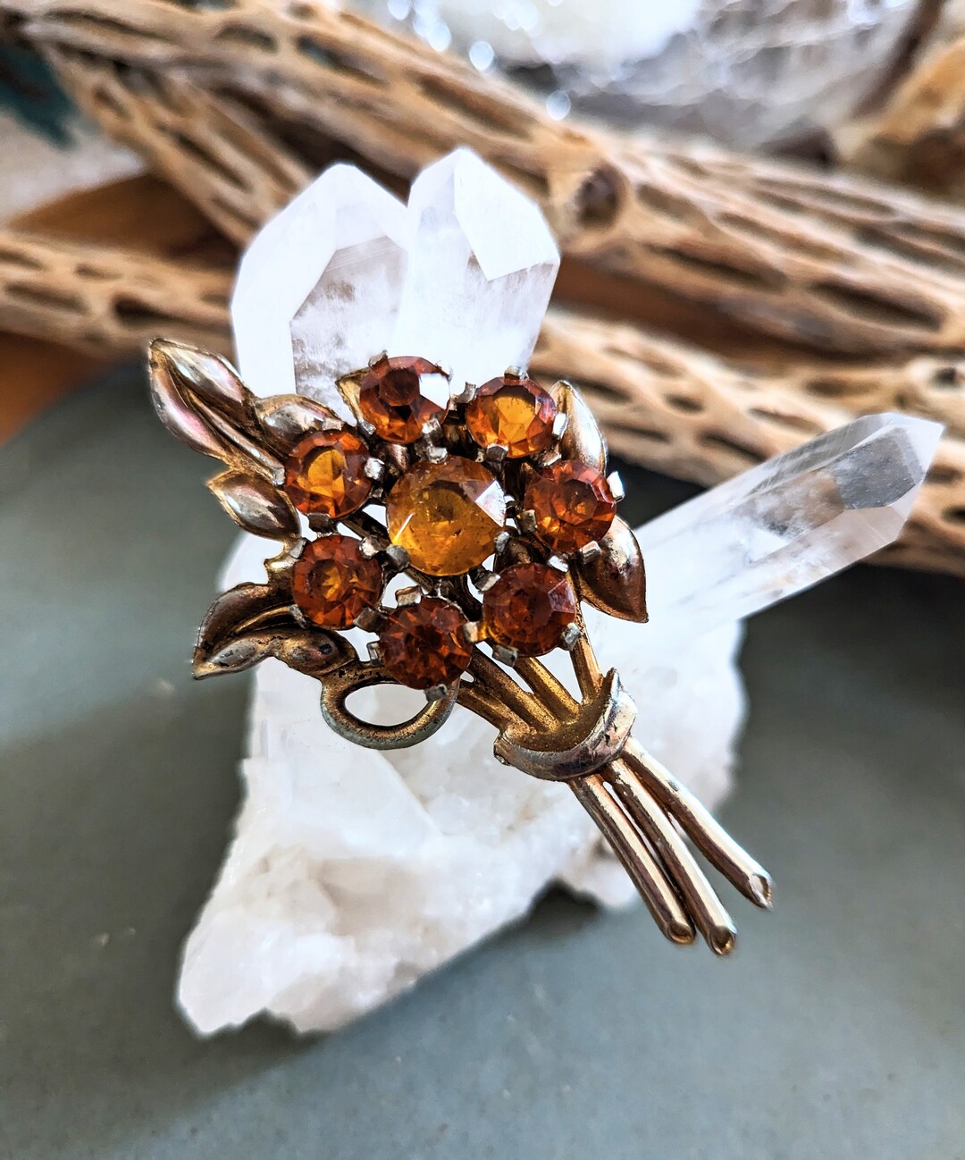 1940's Amber Rhinestone Bouquet Brooch Amber Rhinestones Floral Bouquet ...