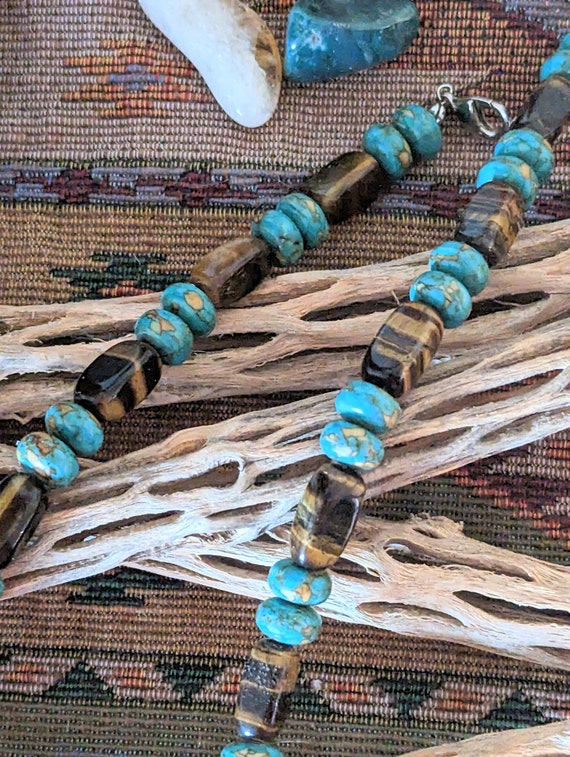Turquoise and Golden Tiger Eye Bead Necklace Vint… - image 2