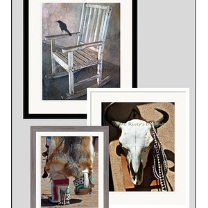 May include: Three framed photographs, each with a different image. The first image shows a white rocking chair with a black bird perched on the armrest. The second image shows a white buffalo skull with a beaded rope hanging from it. The third image shows a person wearing traditional Native American clothing and footwear.
