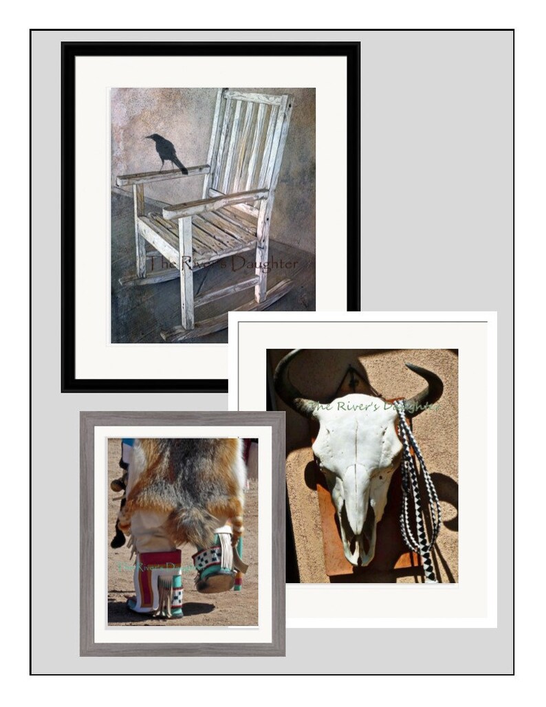 May include: Three framed photographs, each with a different image. The first image shows a white rocking chair with a black bird perched on the armrest. The second image shows a white buffalo skull with a beaded rope hanging from it. The third image shows a person wearing traditional Native American clothing and footwear.
