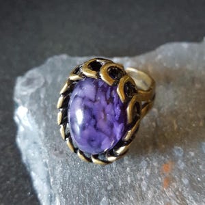 Amethyst Glass Ring  Bronze Adjustable ring Boho Stone Ring  Earthy Stone Ring Purple Domed Color Ring