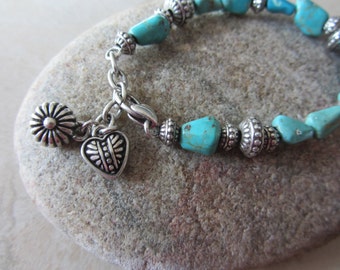 Howlite Beaded Bracelet: Heart Charm, Turquoise Stone, Vintage Style
